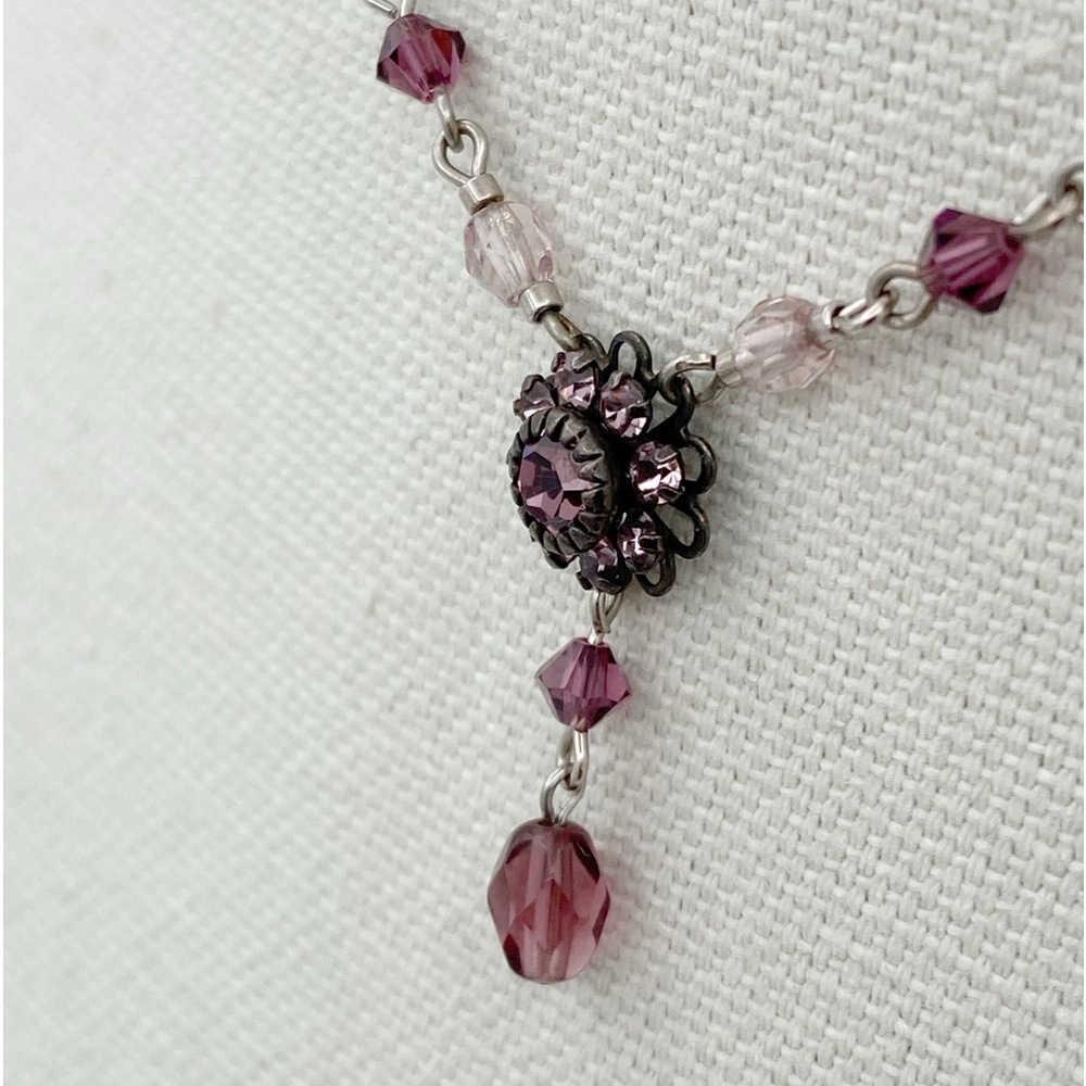 Vintage Dainty Crystal Glass Silver Tone Drop Necklace